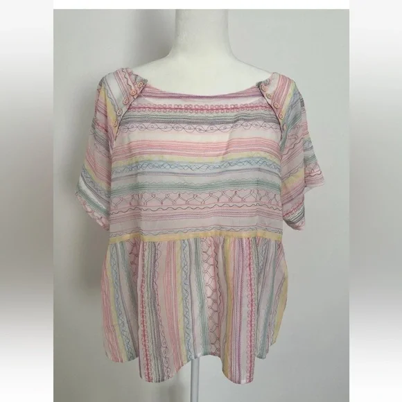 Anthropologie M Letty Embroidered Babydoll Top Stitched Rainbow Peplum *G24 - Picture 3 of 3